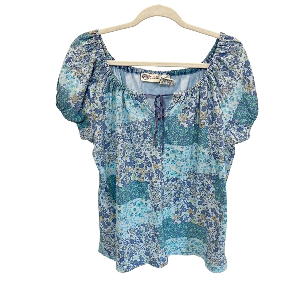 Vintage Faded Glory Blue Patchwork Print Floral Peasant Top Y2K Cotton 14W/16W